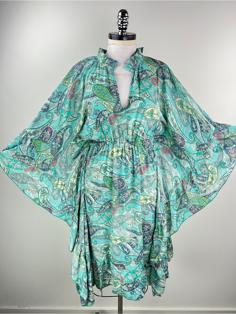 Turquoise Paisley Flutter Sleeve Kaftan Dress
